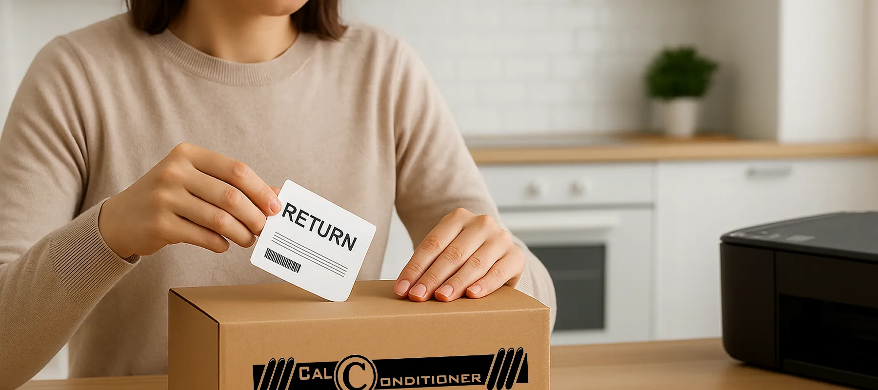 Cliente coloca una etiqueta de devolución en una caja Calconditioner.