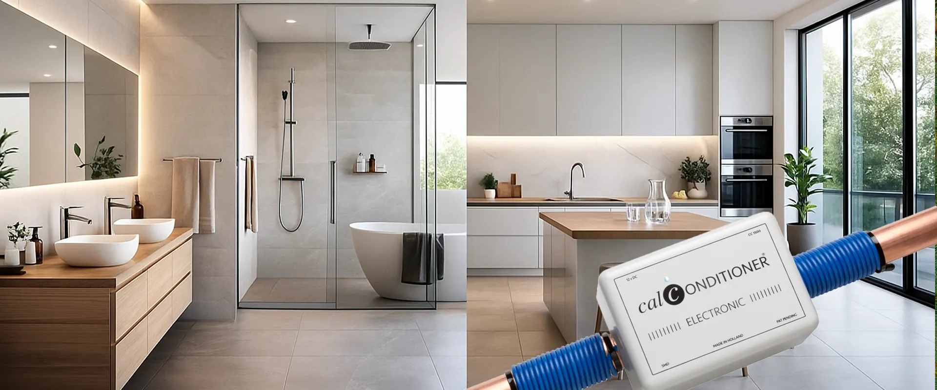 Cuarto de baño y cocina modernos sin cal ni incrustaciones gracias a un descalcificador de agua electrónico