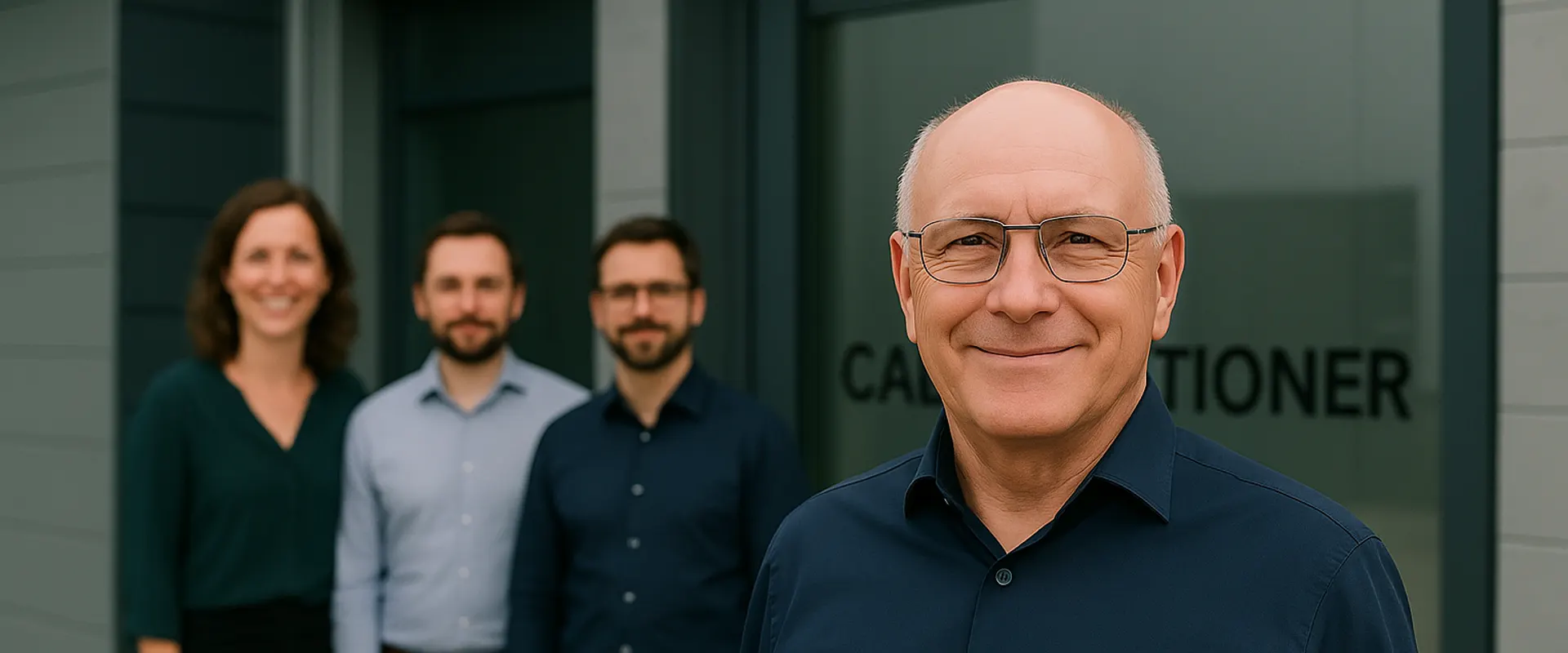 El equipo de Calconditioner frente a las instalaciones de la empresa, con el fundador en primer plano.