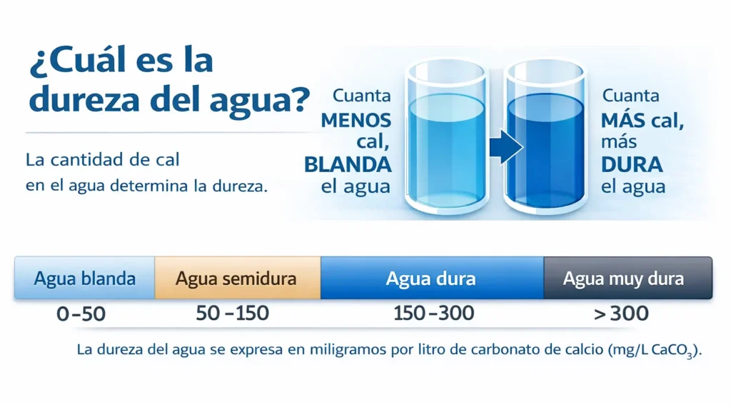 Tabla de niveles y escala de dureza del agua en España en mg/L CaCO3