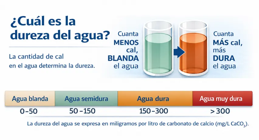 Infografía explicativa sobre la clasificación de la dureza del agua en grados franceses (ºfH) y el impacto de la cal en el hogar.