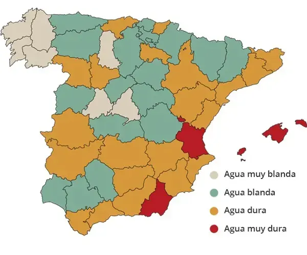 Mapa de la dureza promedio del agua en España por provincias, clasificada de agua muy blanda a muy dura.